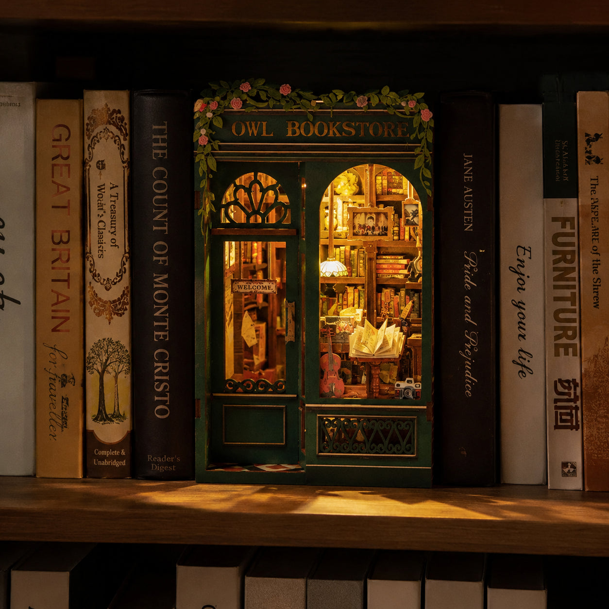 Librería del Búho en Miniatura con Luz LED