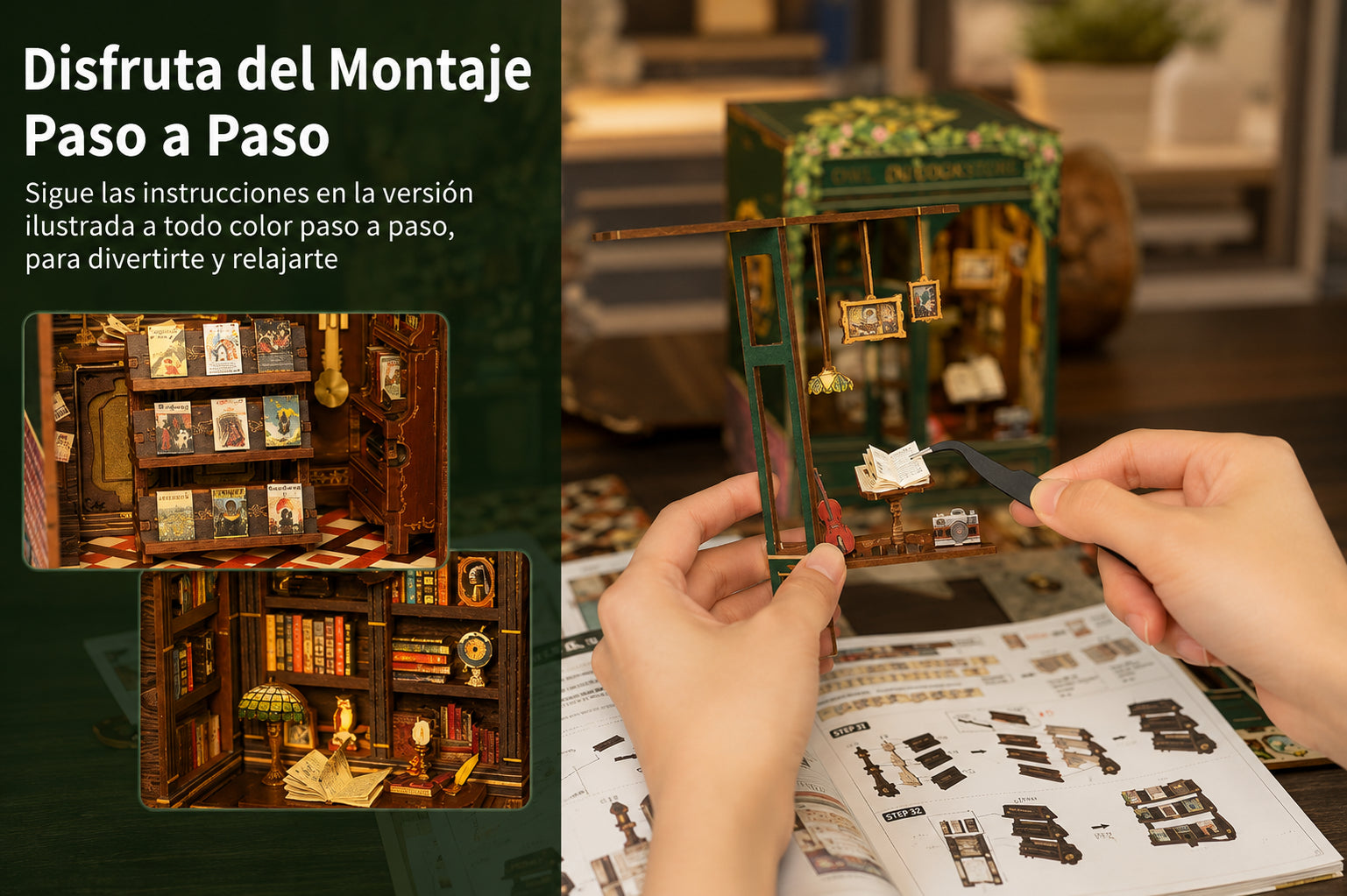 Librería del Búho en Miniatura con Luz LED