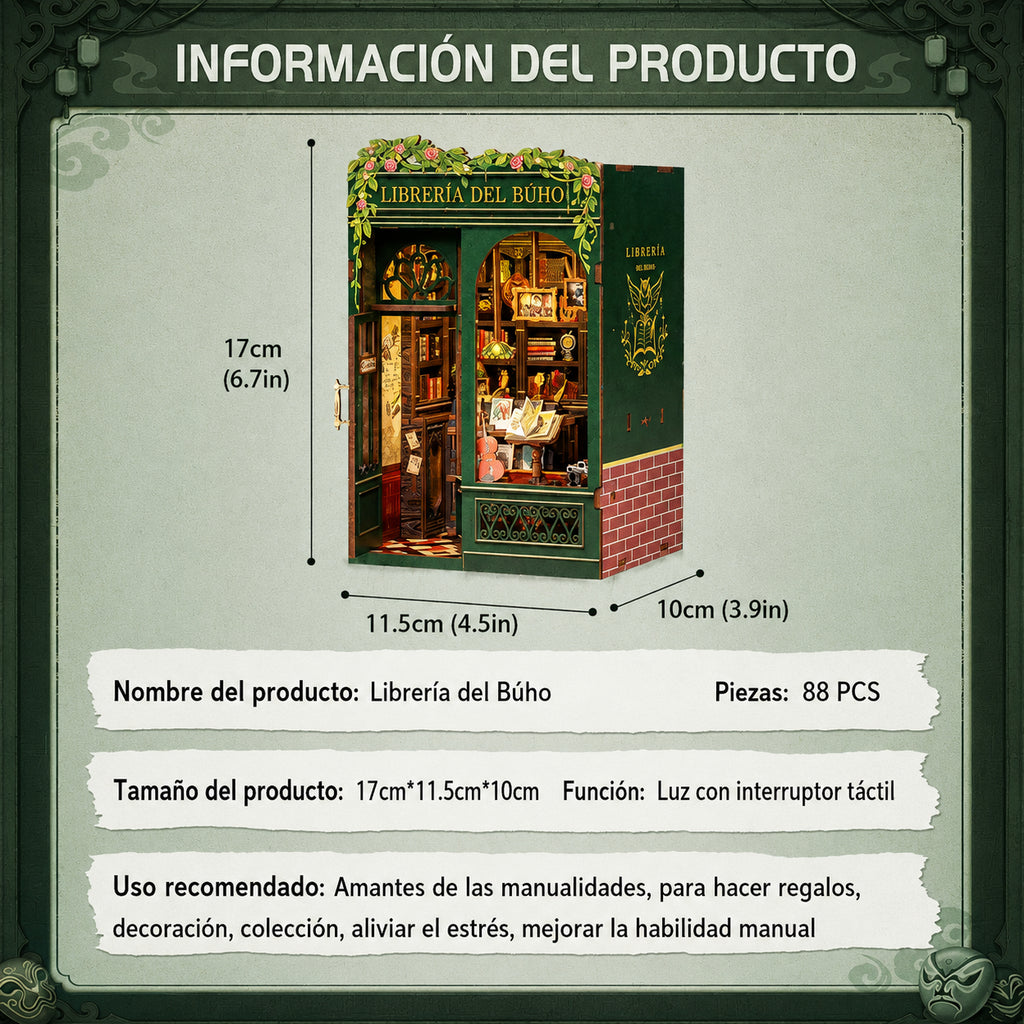 Librería del Búho en Miniatura con Luz LED