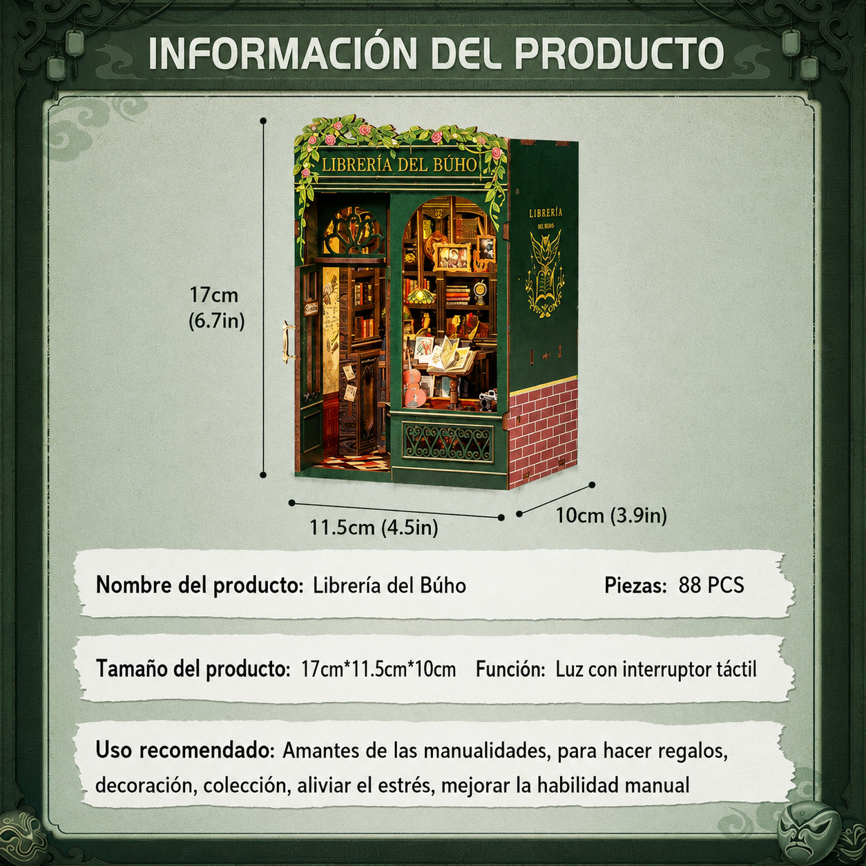 Librería del Búho en Miniatura con Luz LED
