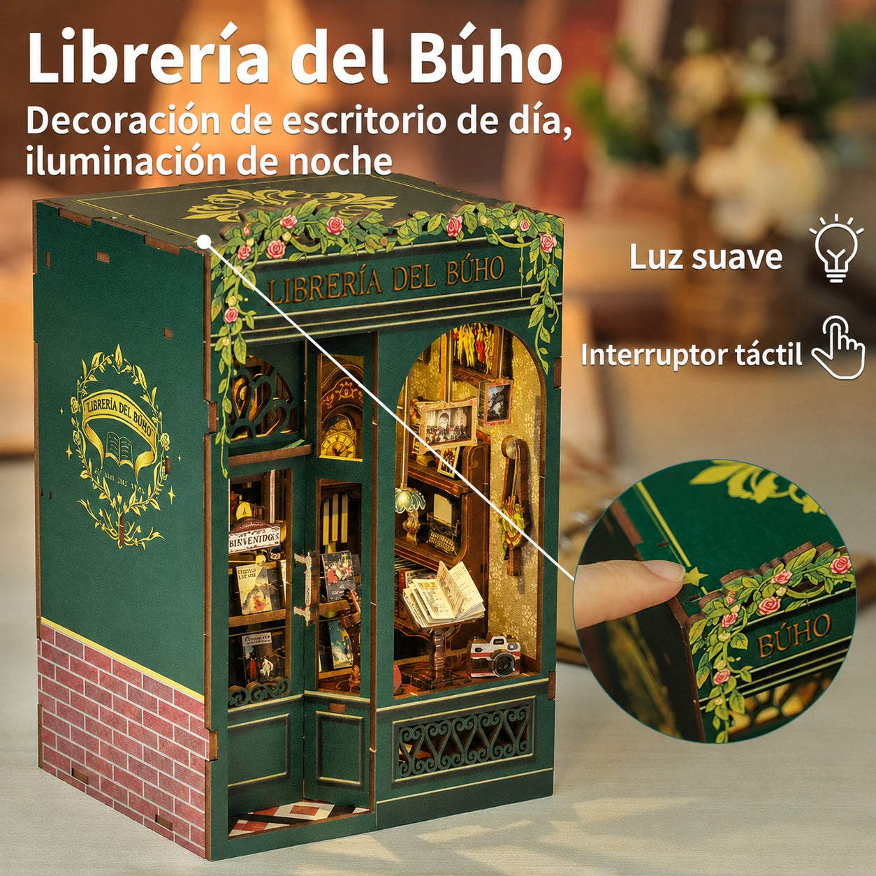 Librería del Búho en Miniatura con Luz LED